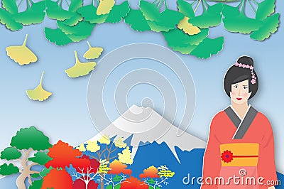 View of mount Fuji and colorful tree with Japanese girl Vector Illustration