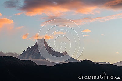 View of Mount Machapuchare from Nepali meaning `fishtail` from Poon Hill 3210 m on sunrise, Annapurna Conservation Area, Stock Photo