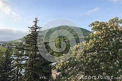 View of Mount Mashuk and the Lermontov Gallery from the trees Stock Photo