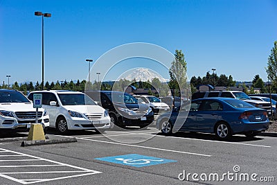 View of Mount Rainier from Parking Lot Stock Photo