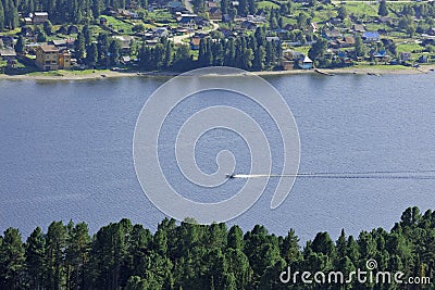 View from Mount on the waters of Lake Teletskoye Stock Photo