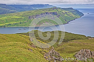 View from the mountain Ben Tianavaig towards the Trotternish peninsula and with the Old Man of Storr in the background, Isle of Sk Stock Photo