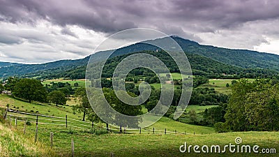 View of the mountain landscape,green pastures, trees, forests on the slopes of hills. Stock Photo