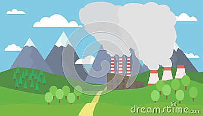 View of the mountain landscape with hills and trees with snow on the peaks and factory with smoking chimneys Vector Illustration