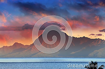 View on mountain Orohena at sunset. Polynesia. Tahiti Stock Photo
