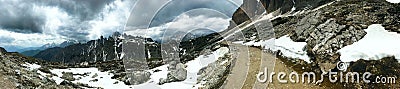 View of the mountain peaks and rocks of the Dolomites in Italy in the Auronzo di Cadore in Tyrol, under a overcast dramatic sky Stock Photo