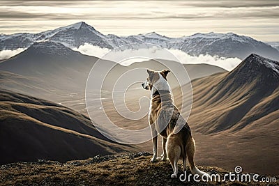 view of mountain range with dog standing on highest peak, looking out over the landscape Stock Photo