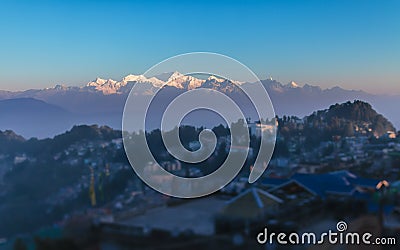 View of a mountain ridge of Kanchendzhonga, from the neighborhood of the city of Darjeeling Stock Photo