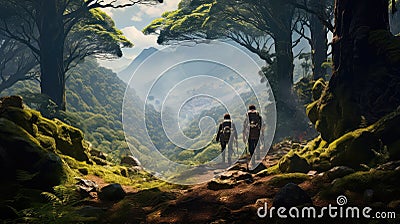 view mountain travel forest landscape Cartoon Illustration