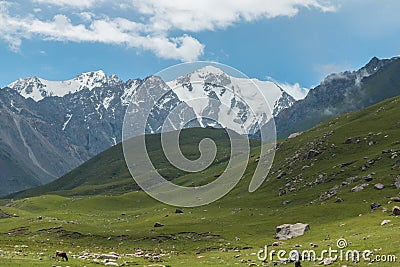View of the mountainous landscape and scenery on a popular tourist hike near Bokonbayevo, Kyrgyzstan Stock Photo