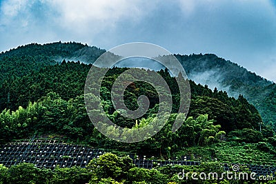 View of mountains in Saraguri town on a raining day near Nanzoin temple in Sasaguri, Fukuoka Prefecture Stock Photo