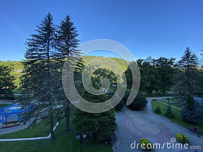 View in the mountains on the sky and mountains covered with forest Stock Photo