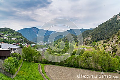 View of Mountains with trees in Ordino, Andorra Stock Photo