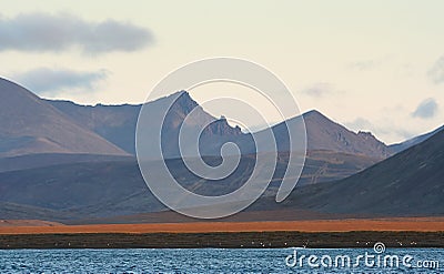 View of the mountains and tundra on the sea coast in the Arctic. Stock Photo