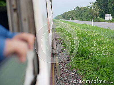 View of moving-pass-by natural wildflowers and weeds while traveling by train Stock Photo