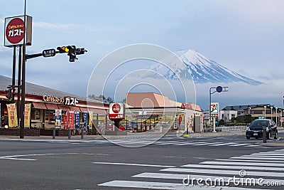View of Mt. Fuji and Kawaguchiko city on spring in evening, Japan Editorial Stock Photo
