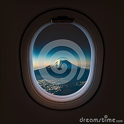 View of Mt. Fuji from the porthole of the plane Stock Photo