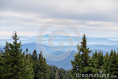 View of Mt. Jefferson from Mt. Hood with beautiful layers of misty mountains in between Stock Photo