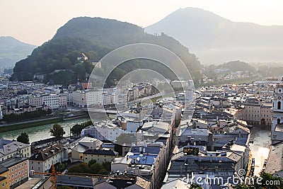 The view from MÃ¶nchsberg mountain to the old town of Salzburg, Austria Stock Photo