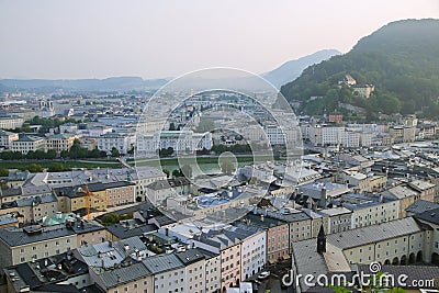 The view from MÃ¶nchsberg mountain to the old town of Salzburg, Austria Stock Photo