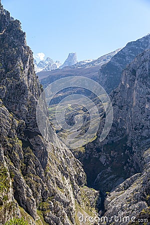 View of the `Naranjo de Bulnes` peak from Sotres, Spain Stock Photo