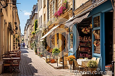 View on narrow cobbled street among traditional parisian buildings in Paris, France. Stock Photo