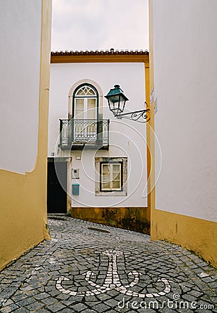 View of narrow paved street in Constancia, Portugal Stock Photo