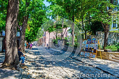 View of a narrow street in the historical part of Bulgarian city Plovdiv Editorial Stock Photo