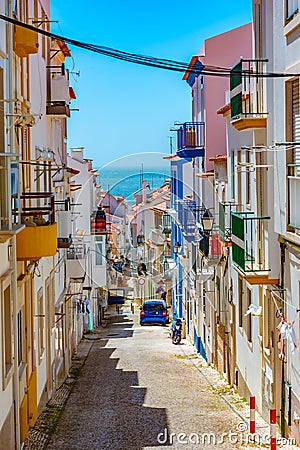 View of a narrow street in Nazare, Portugal Stock Photo