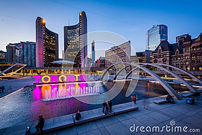 View of Nathan Phillips Square and Toronto Sign in downtown at t Editorial Stock Photo