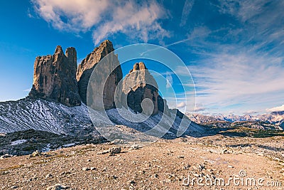 View of the National Park Tre Cime di Lavaredo, Dolomites, South Tyrol. Location Auronzo, Italy, Europe. Dramatic cloudy sky. Stock Photo