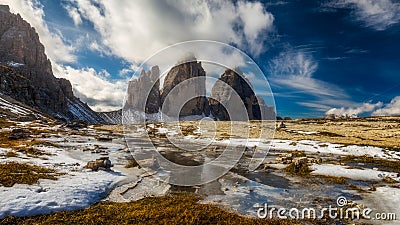 View of the National Park Tre Cime di Lavaredo, Dolomites, South Tyrol. Location Auronzo, Italy, Europe. Dramatic cloudy sky. Stock Photo