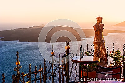 View of Nea Kameni Island from Thira, Santorini, Greece Stock Photo