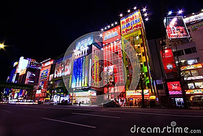 View of Neon signs and billboard advertisements in Akihabara electronics hub in Tokyo, Japan Editorial Stock Photo