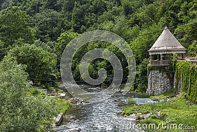 View of Neptune thermal spring and Venera Baths in Baile Herculane, Caras-Severin, Romania. Editorial Stock Photo