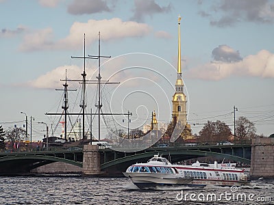 view of the Neva, the Peter and Paul Fortress and the Birzhevoy Bridge. Saint-Petersburg Editorial Stock Photo