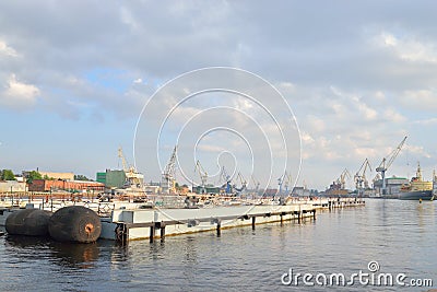 View of the Neva River and the Cargo Port. Editorial Stock Photo