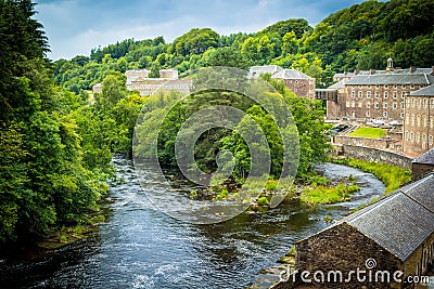 View of New Lanark Heritage Site, Lanarkshire in Scotland, United Kingdom, Stock Photo