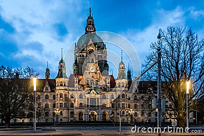 View of the New Town Hall Neues Rathaus outside of the historic city center of the city of Hanover, Germany Editorial Stock Photo
