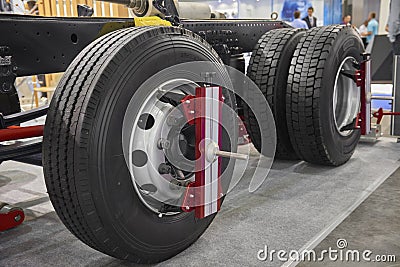 View on new truck wheels and chassis maintenance tools devices equipment. Wheel alignment Truck MOT. Car maintenance tools equipme Stock Photo