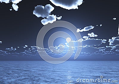 A view of night blue sky with clouds and full moon reflected on water Stock Photo