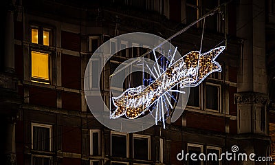 View of night Leicester, a city in Englandâ€™s East Midlands region, in Christmas time Editorial Stock Photo