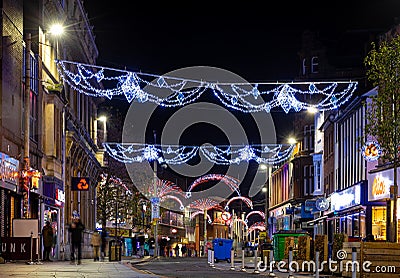 View of night Leicester, a city in Englandâ€™s East Midlands region, in Christmas time Editorial Stock Photo