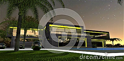 A view from the night park at an amazing country house with yellow exterior lighting. A white luminous border separates the paving Cartoon Illustration
