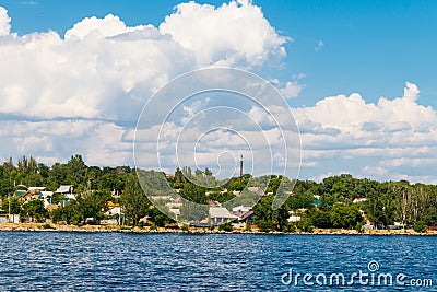 View of Nikopol town from Kakhovka reservoir, Ukraine Stock Photo