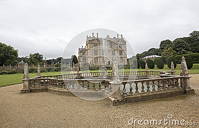 View of north Side of Montacute House including fountain Stock Photo