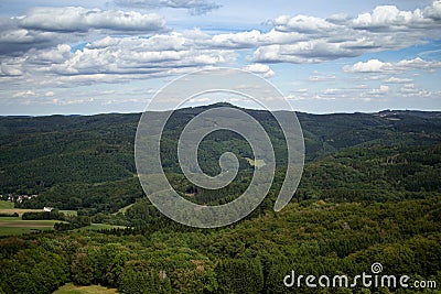 The view from the NÃ¼rburg over the landscape in the Eifel Stock Photo