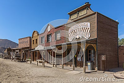 View at the Oasys - Mini Hollywood, a Spanish Western-styled theme park, outside Western cowboys scenario, town with traditional Editorial Stock Photo