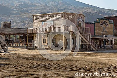 View at the Oasys - Mini Hollywood, a Spanish Western-styled theme park, Western scenario, meat marketand barber, town with Editorial Stock Photo