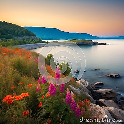 a view of the ocean, a beach and rocks at dusk Cartoon Illustration